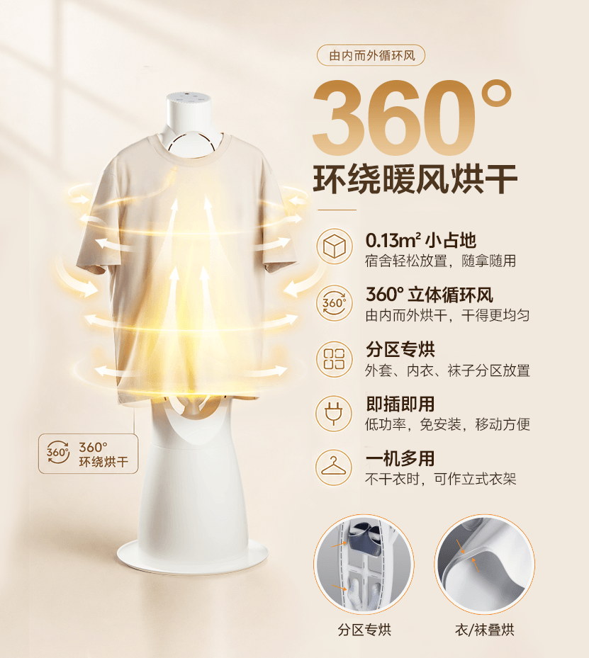 智雄人形干衣机：360° 立体循环烘干，分区专烘，落地仅 0.15㎡
